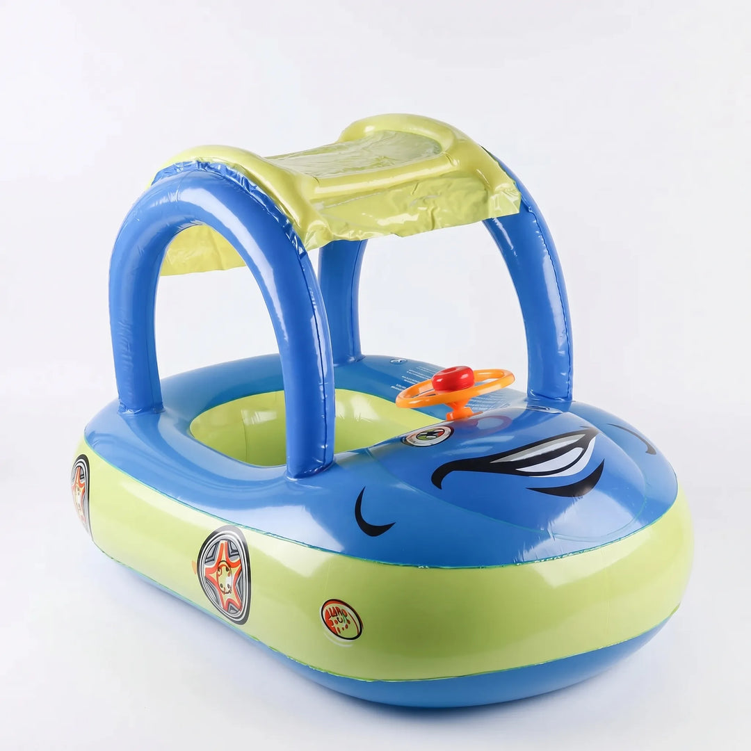 Bright red car inflatable float for kids, featuring a comfortable seat & sun protection canopy for pool or beach.