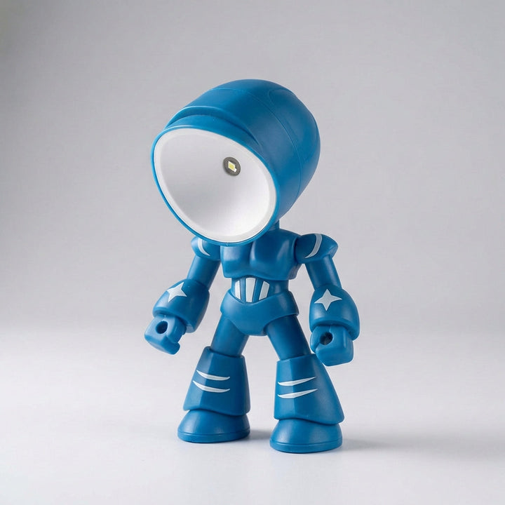 Compact robot LED bedside lamp & night light, designed for child-safe reading in kids' rooms.