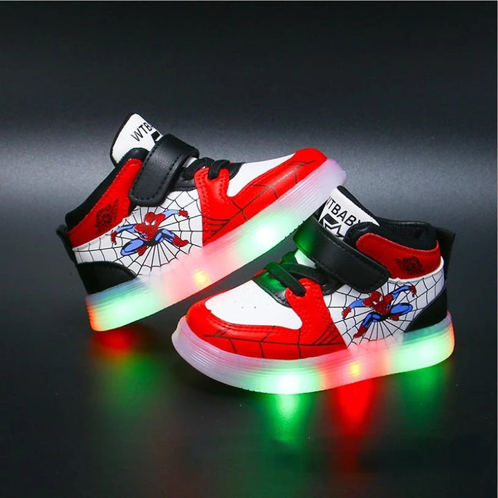 Kids' Spiderman Light-Up Adventure Sneakers for boys/girls, featuring red/blue design & blinking sole lights. Ideal for play.