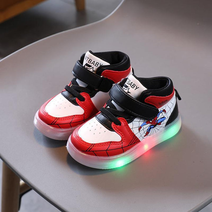 Light-up Spiderman shoes for kids, adding fun to every step. Superhero-themed casual footwear for boys & girls.