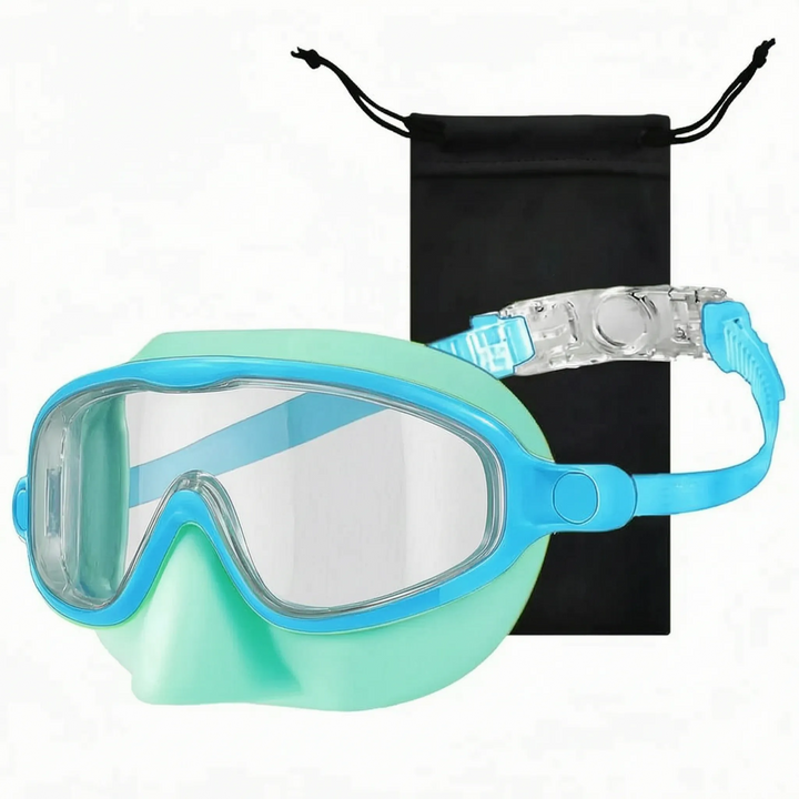 Children's adjustable swim mask, integrated nose cover & clear vision, perfect for snorkeling & pool fun.