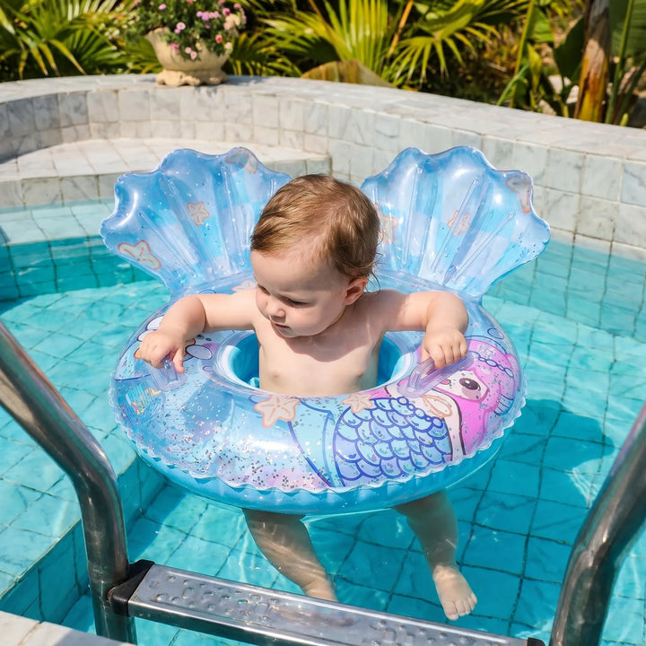 Kids' vibrant mermaid glitter inflatable pool float for summer water play.