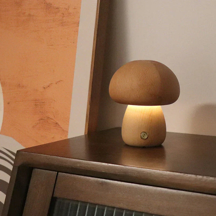 Wooden mushroom LED night light, GlowShroom, designed for kids' rooms, providing a soft and warm ambiance.