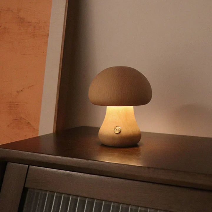 GlowShroom wooden LED mushroom night light, perfect for kids' rooms, providing a soft, comforting warm glow.