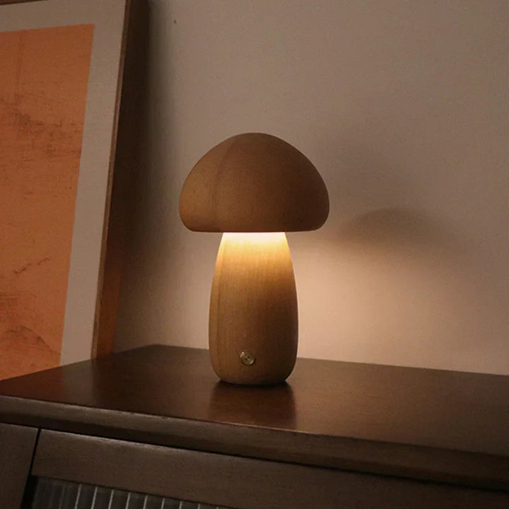 Decorative wooden mushroom LED lamp, GlowShroom, a charming night light for kids' bedroom or nursery.