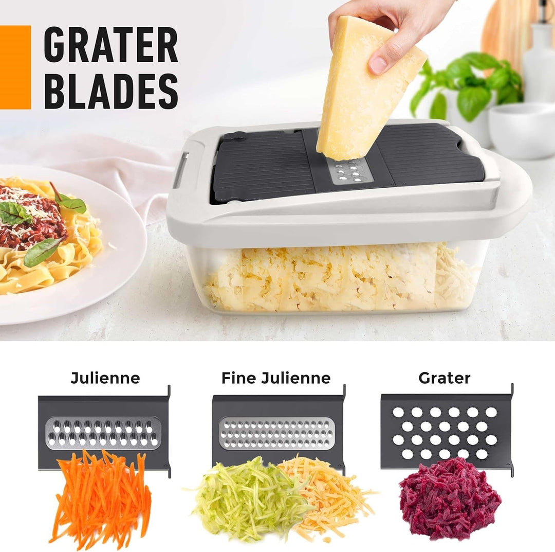 Easy cleanup 10-in-1 vegetable slicer with 8 blades; ideal kitchen tool for fast healthy meal prep.