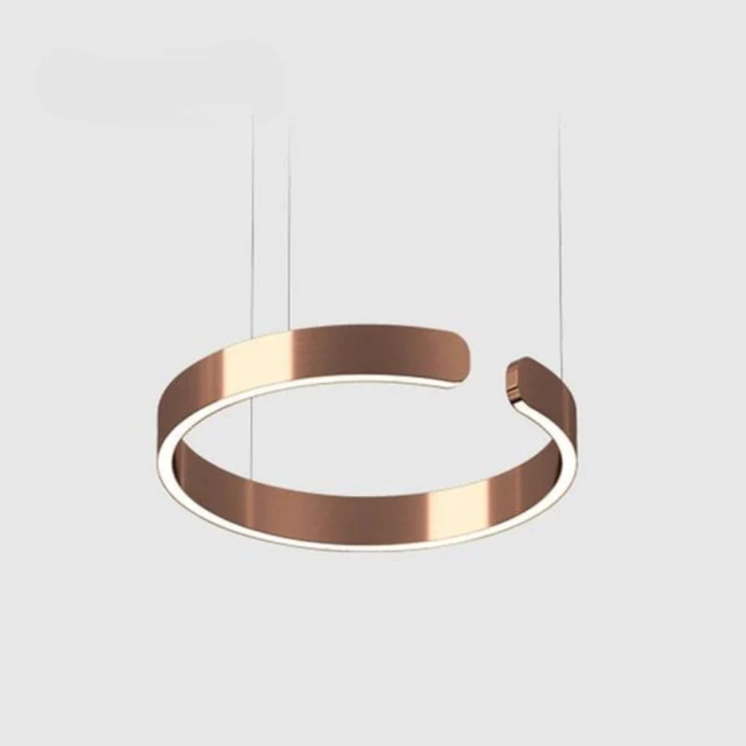 "Lampada a sospensione LED circolare moderna, design elegante, montaggio a soffitto, finitura oro, bianco, nero e oro rosa."