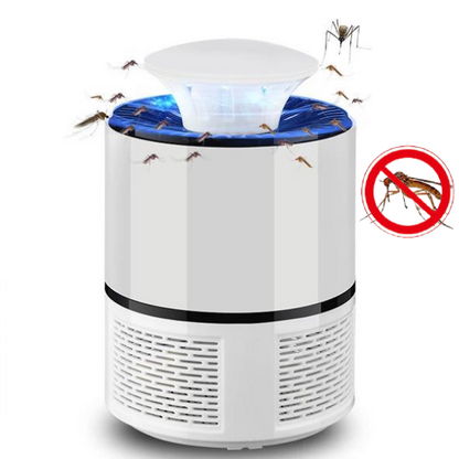 "Lampada antizanzare con luce blu e ventilatore silenzioso, design compatto e moderno, ideale per esterno."