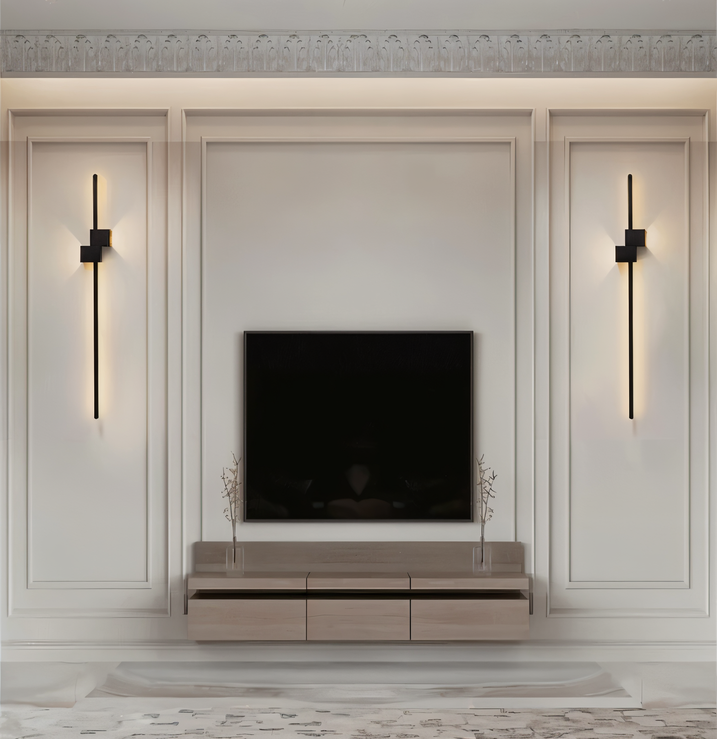 "Lampada da parete LED minimalista nera in metallo, design lineare elegante per ambiente moderno, dimensioni variabili."