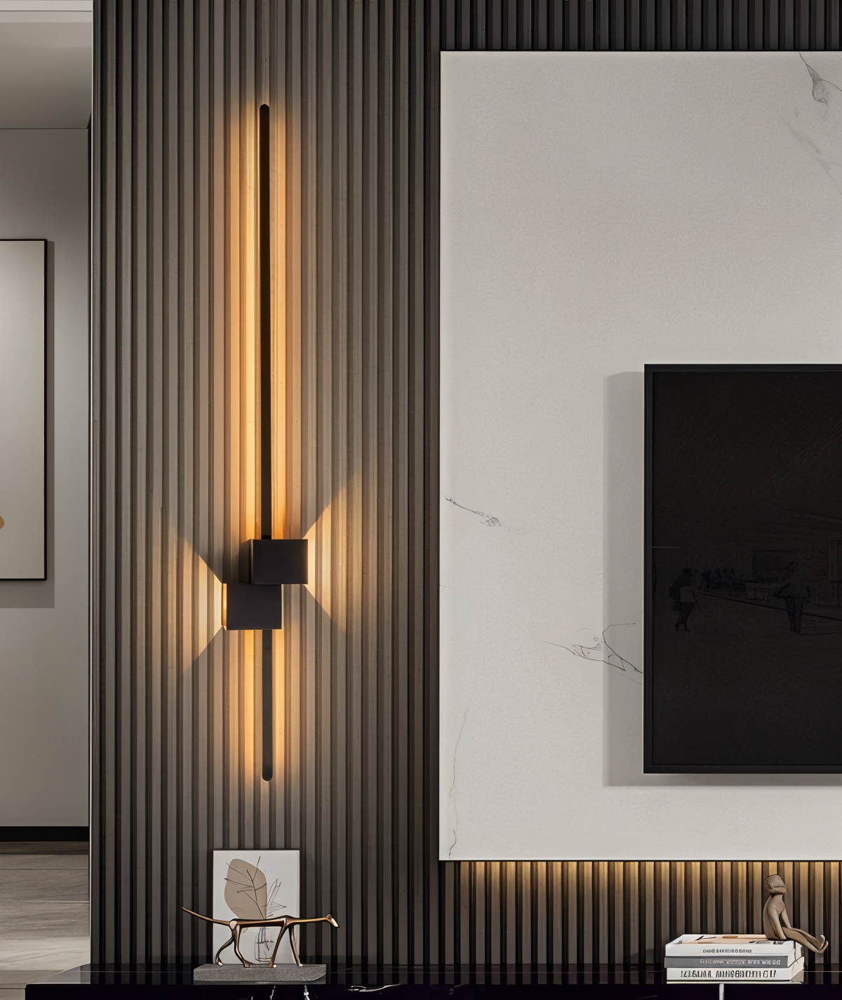 "Lampada da parete LED minimalista nera in metallo, design lineare elegante per ambiente moderno, dimensioni variabili."