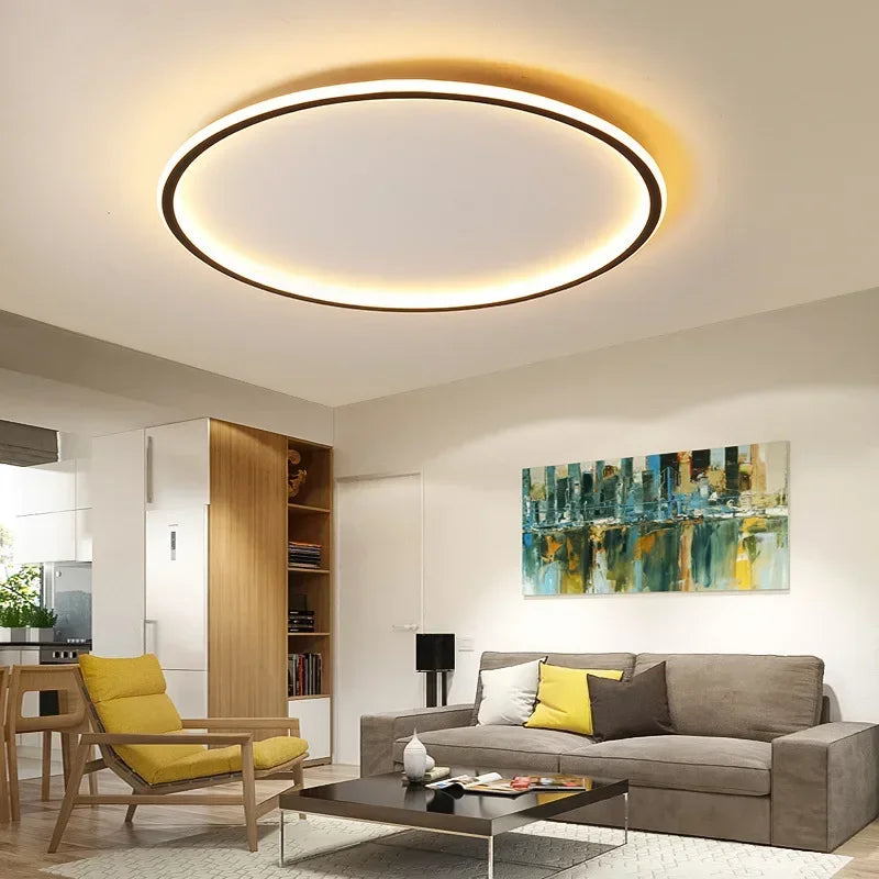 Lampada da soffitto LED moderna, rotonda, design scandinavo, illumina uniformemente senza riflessi, perfetta per interni.