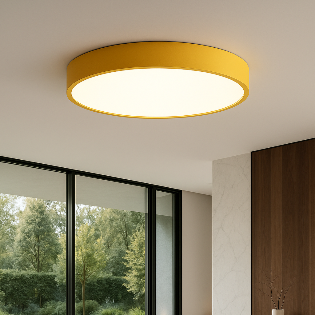 "Lampada da soffitto LED rosa e grigio, design moderno, illumina spazi interni con eleganza e tecnologia efficiente."