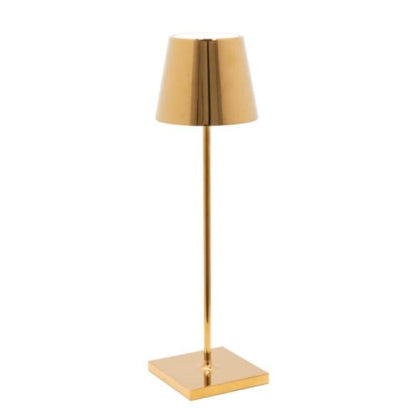 "Lampada da tavolo LED impermeabile con controllo Alexa, design minimalista wireless, luce a 360°, alluminio elegante."
