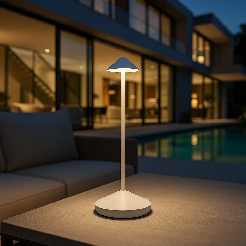 "Lampada da tavolo LED MINA moderna in alluminio e policarbonato, 2700K, luce calda, classe A+, 185 lm, compatibile interni/e