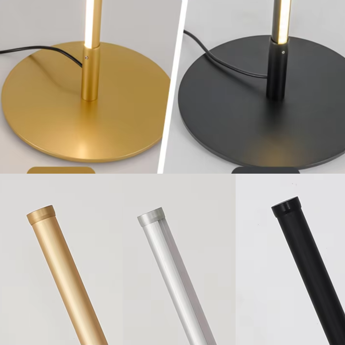 Lampada da terra LED moderna e minimalista, design elegante, luce bianca calda, altezza 180 cm, metallo e vetro, interni.