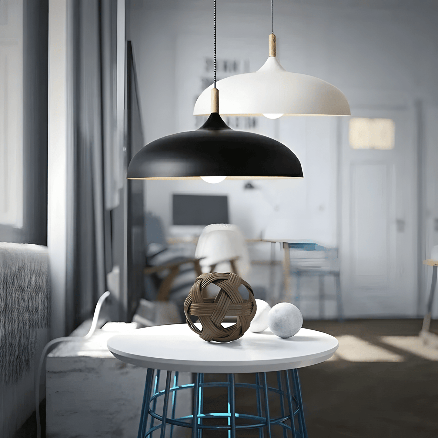 "Lampada sospensione nordica in legno quercia, design moderno, luce calda, adatta a interni contemporanei e scandinavi."