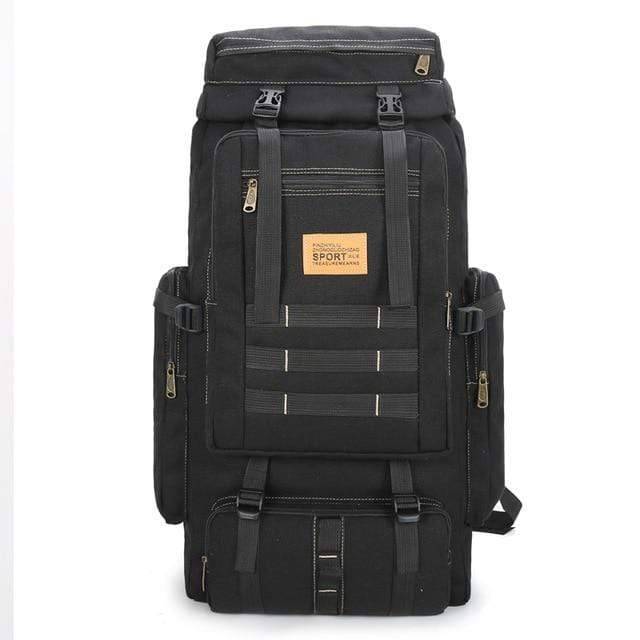 Heavy-duty 80L tactical backpack with MOLLE webbing for outdoor adventures and camping.
