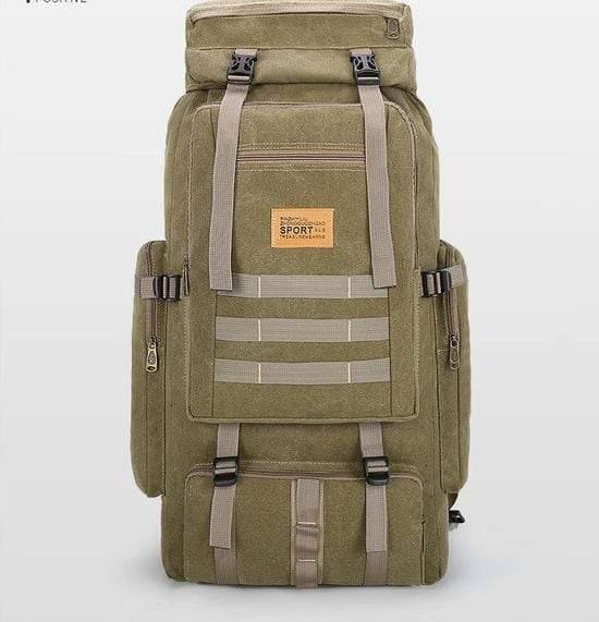 Spacious 80L hiking backpack, black, designed for extensive travel and military use.
