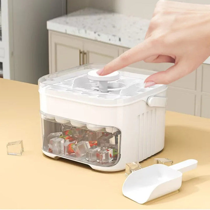 Home essential ice cube tray, large capacity design, with a convenient easy-press lid for effortless ice release.