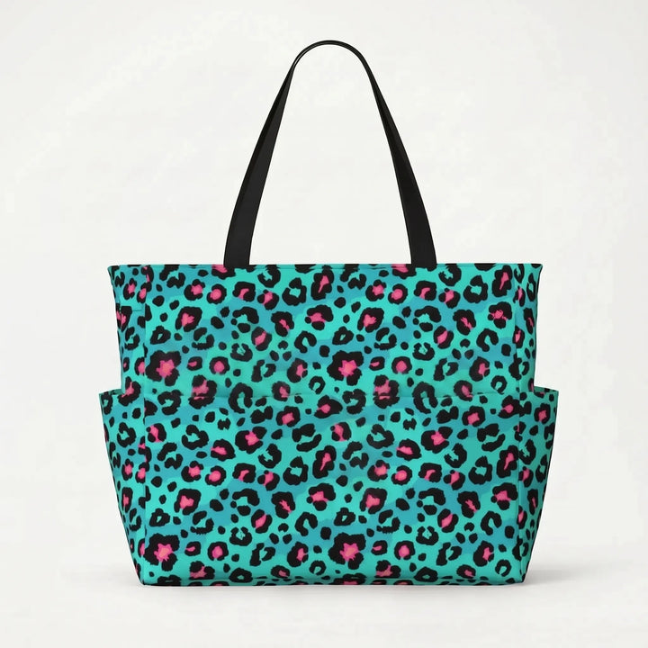 Elegant leopard print beach tote bag, oversized for women's travel and summer adventures.