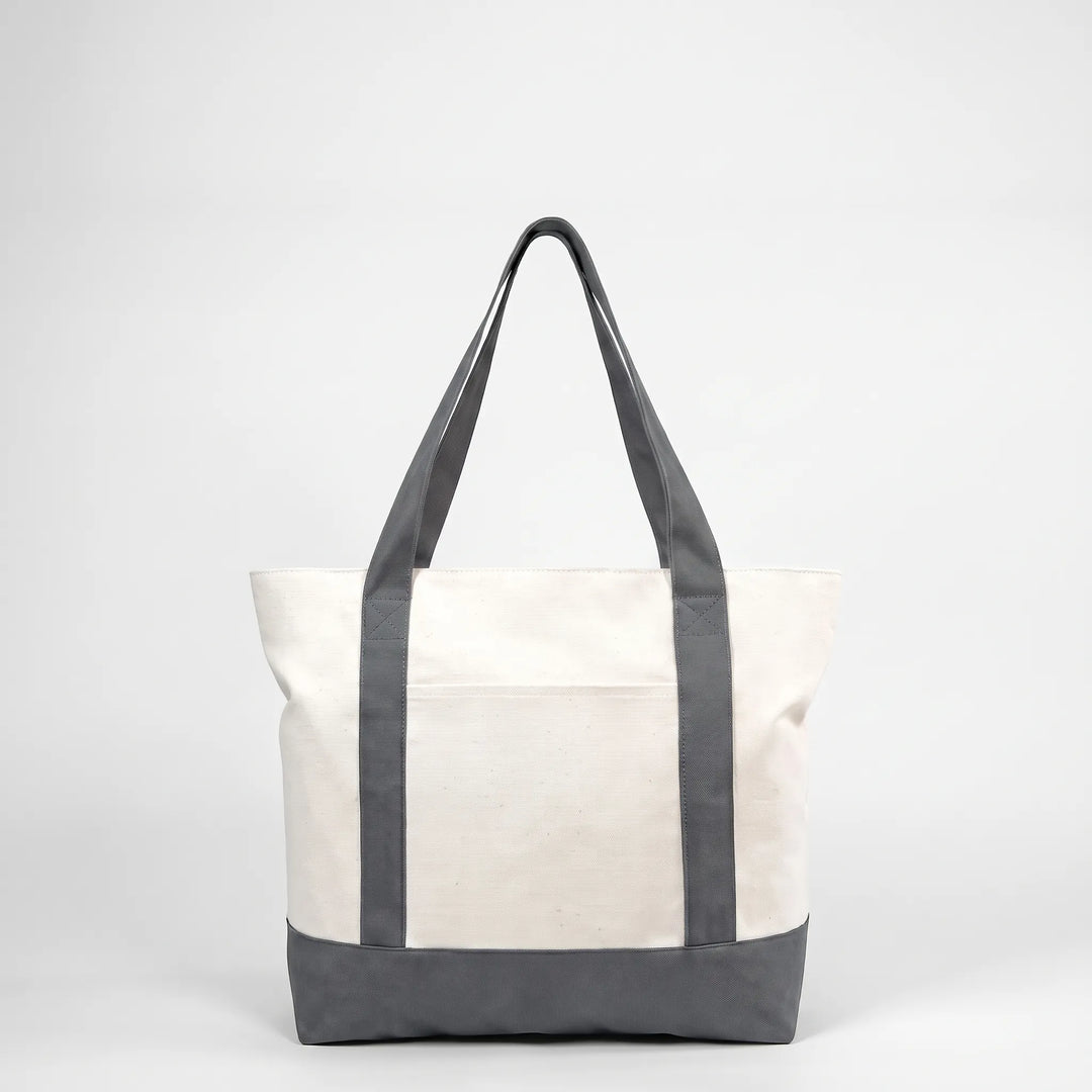 Versatile large unisex tote bag with zipper closure, suitable for travel & shopping.