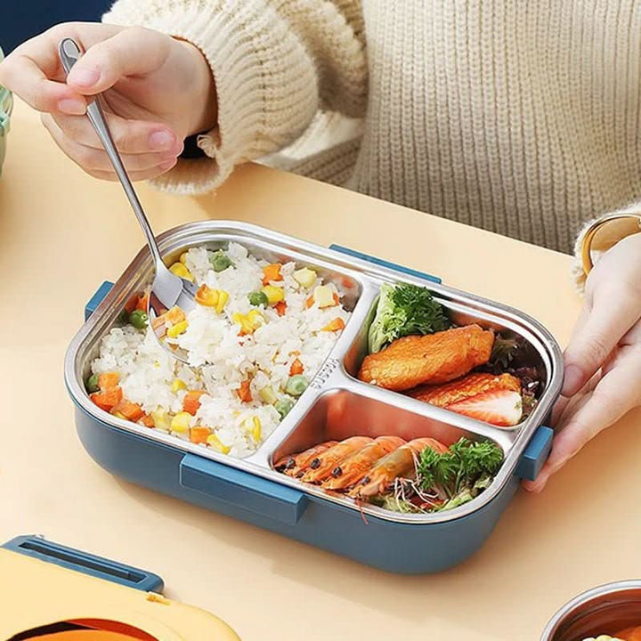 Kids' leak-proof stainless steel lunchbox with 3 sections, great for school lunches & snacks.