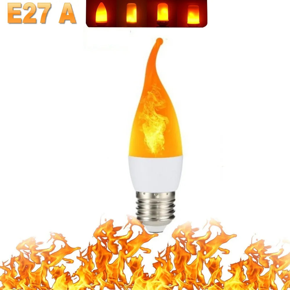 Versatile LED flame lamp, suitable for various fixtures, E27/E14 bases.