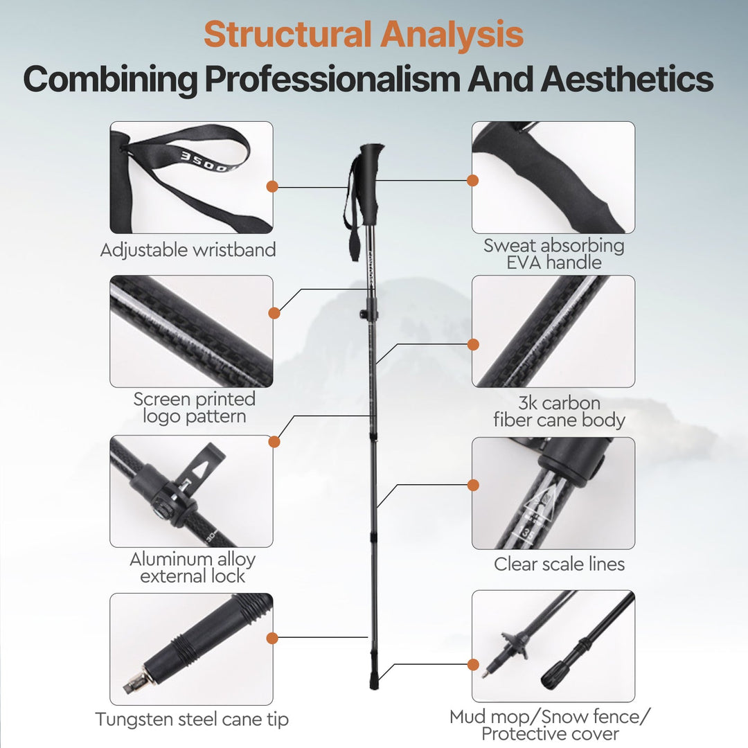 Adjustable carbon fiber trekking pole for comfortable & stable hiking support.
