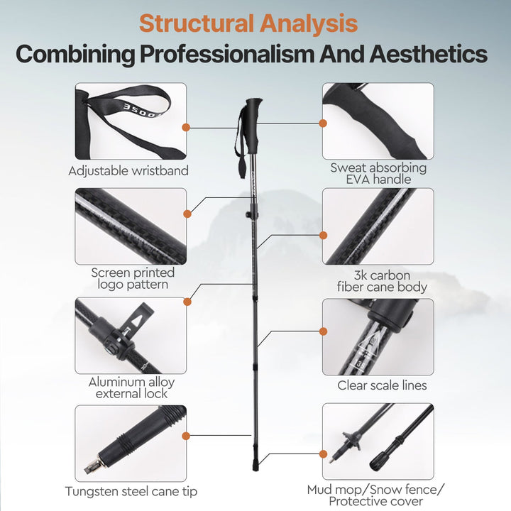 Adjustable carbon fiber trekking pole for comfortable & stable hiking support.
