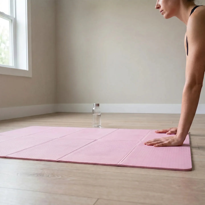 Lightweight EVA foam yoga mat for comfortable home gym stretching & core workouts. Portable fitness equipment.
