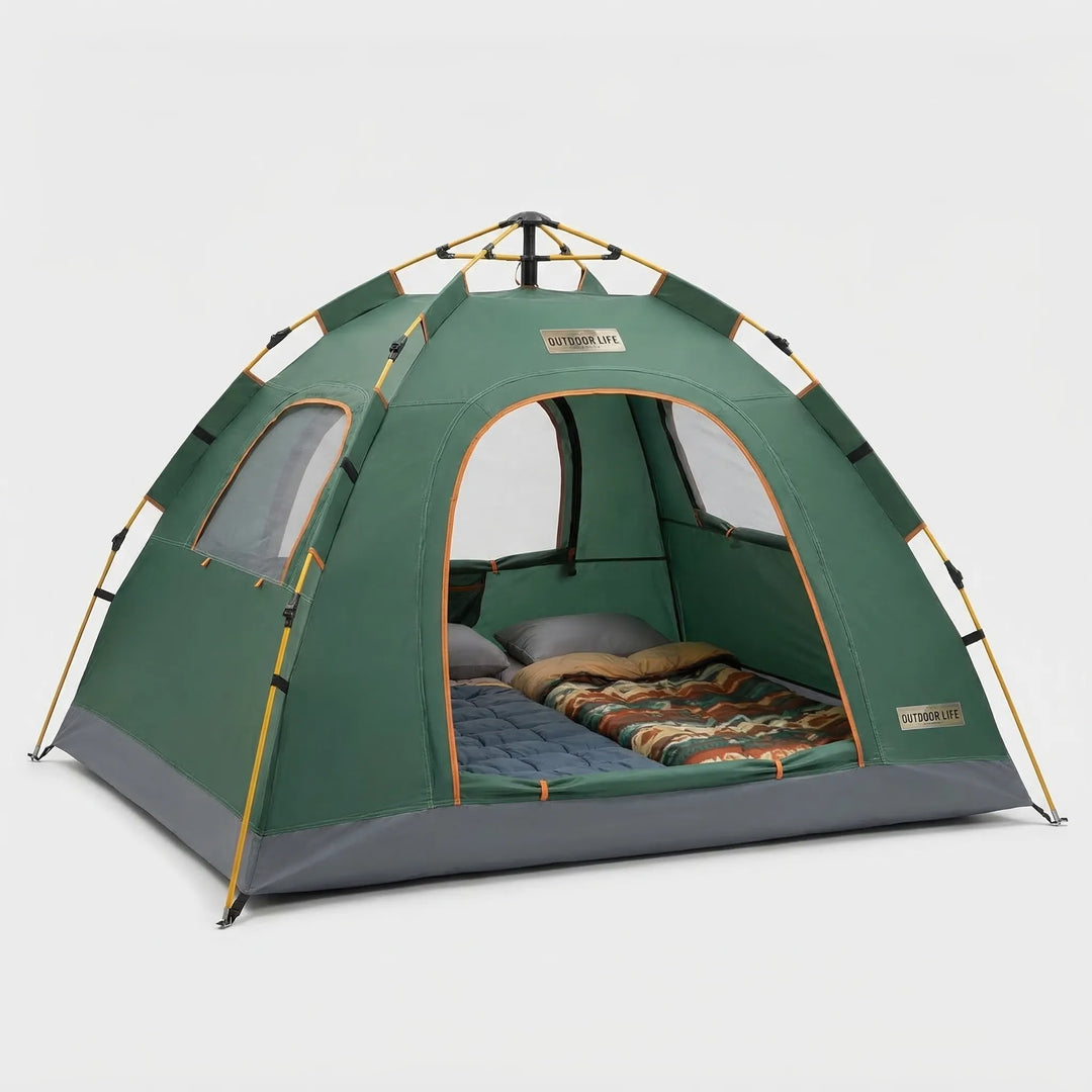 Waterproof pop-up camping tent with instant setup. Lightweight & portable shelter ideal for hiking and quick camps.