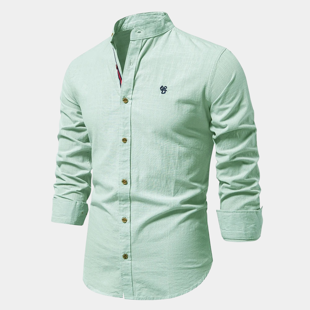 Stylish men's long-sleeve button-down shirt, a smart casual essential for summer fashion.