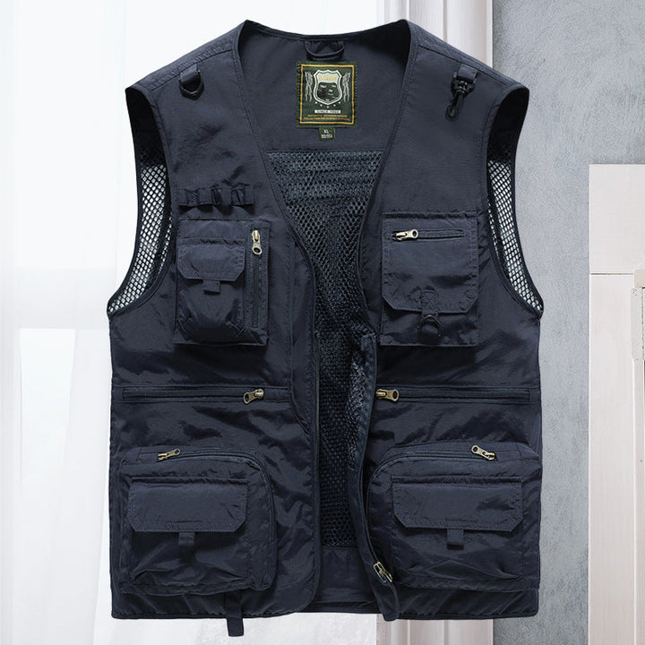 Practical men's outdoor utility vest, lightweight with multi-pockets for easy access to gear on trails.