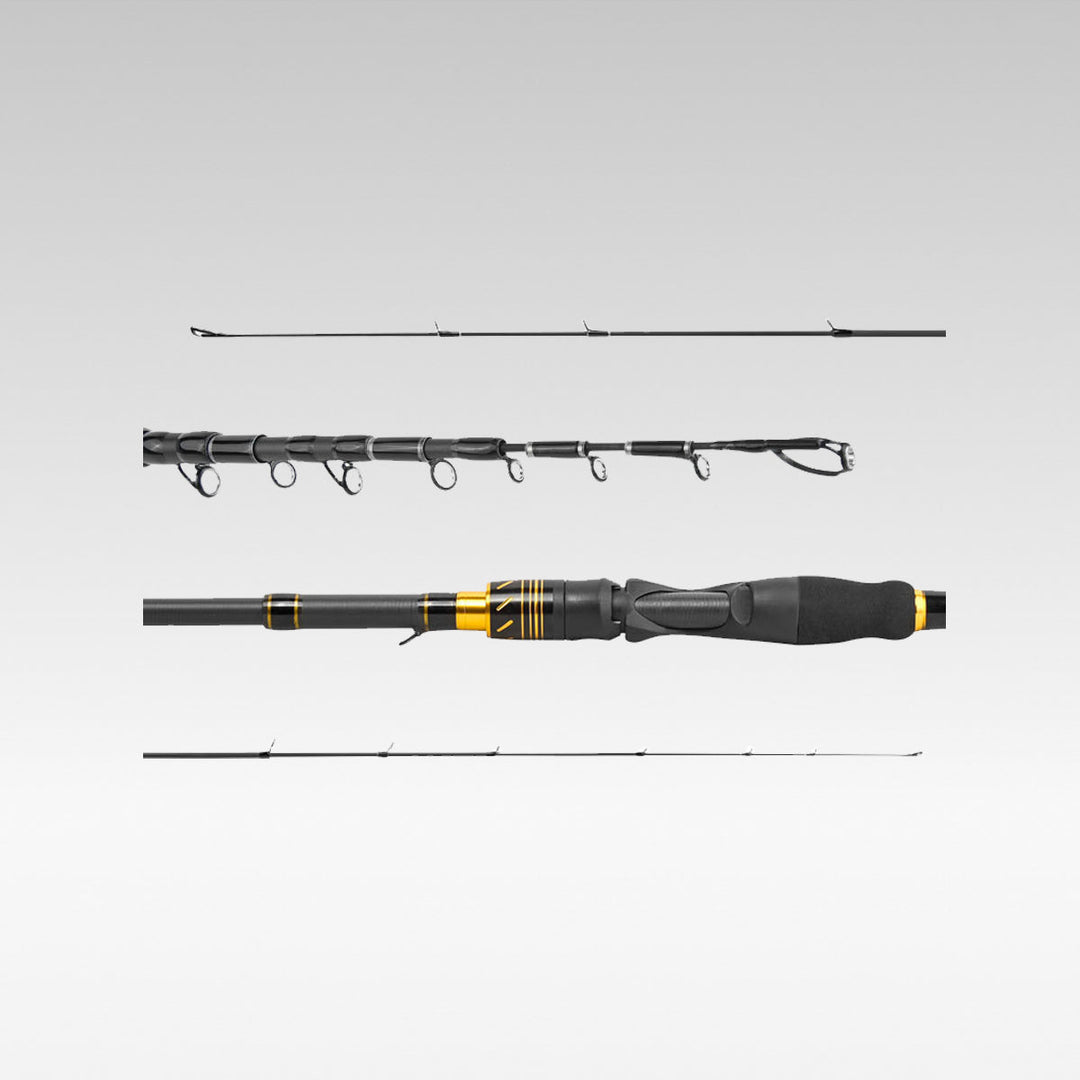 Lightweight telescopic carbon fiber fishing rod, ideal for travel and portable fishing adventures.