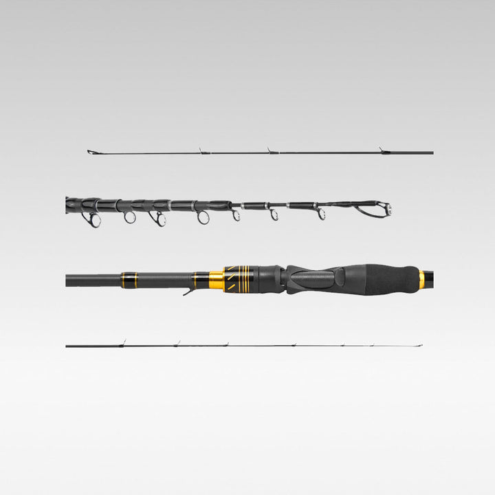 Lightweight telescopic carbon fiber fishing rod, ideal for travel and portable fishing adventures.