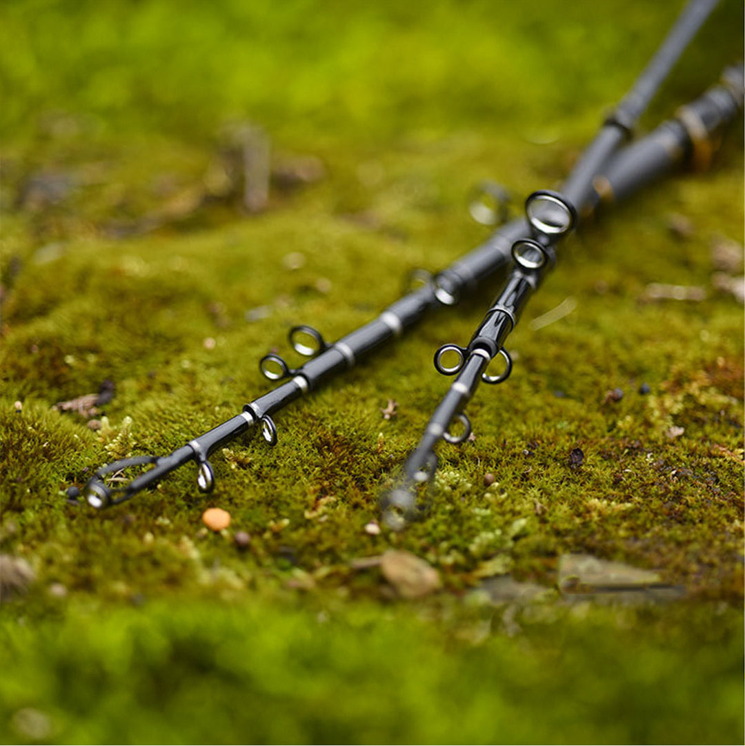 Compact carbon fiber fishing rod, ideal for backpackers and travel anglers.
