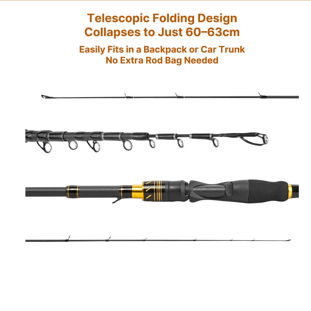 Durable carbon fiber baitcasting rod, designed for travel and convenient storage.