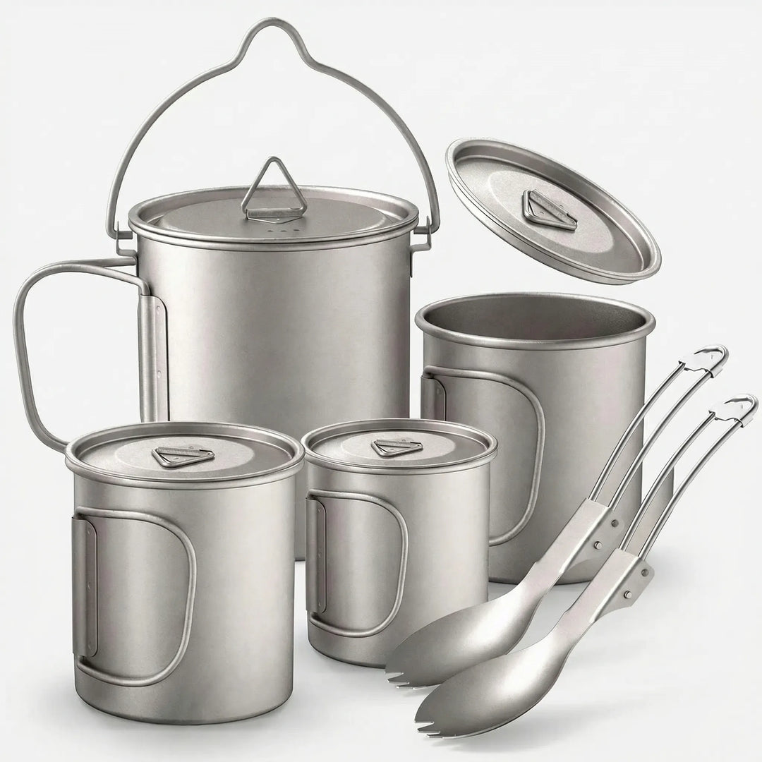 Lightweight titanium camping cookware set with pot, pan, & lid, perfect for backpacking & outdoor cooking.