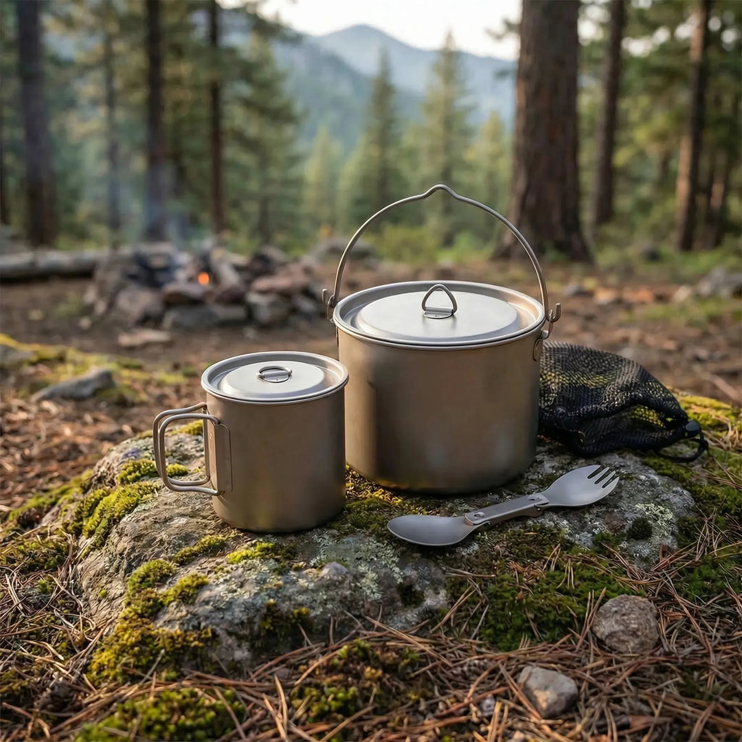 Portable titanium cookware set for camping & hiking. Includes nested pot, pan, & spork for easy transport.