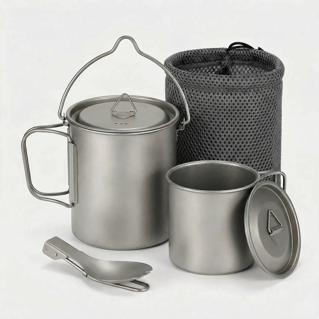 Durable titanium camping cook set: lightweight pot, frying pan, & spork, ideal for outdoor kitchen needs.