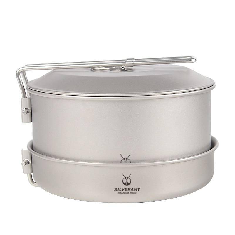 Compact outdoor cooking set including titanium pot and pan, ideal for camping