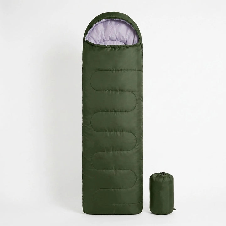 Rolled lightweight 3-season sleeping bag, ready for backpacking. Unisex camping & outdoor travel gear.