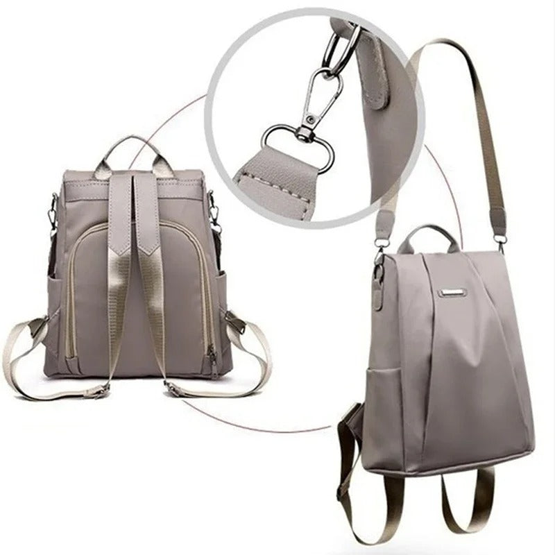 Spacious, lightweight women's multi-way nylon backpack with organized compartments. Water-resistant for essentials.