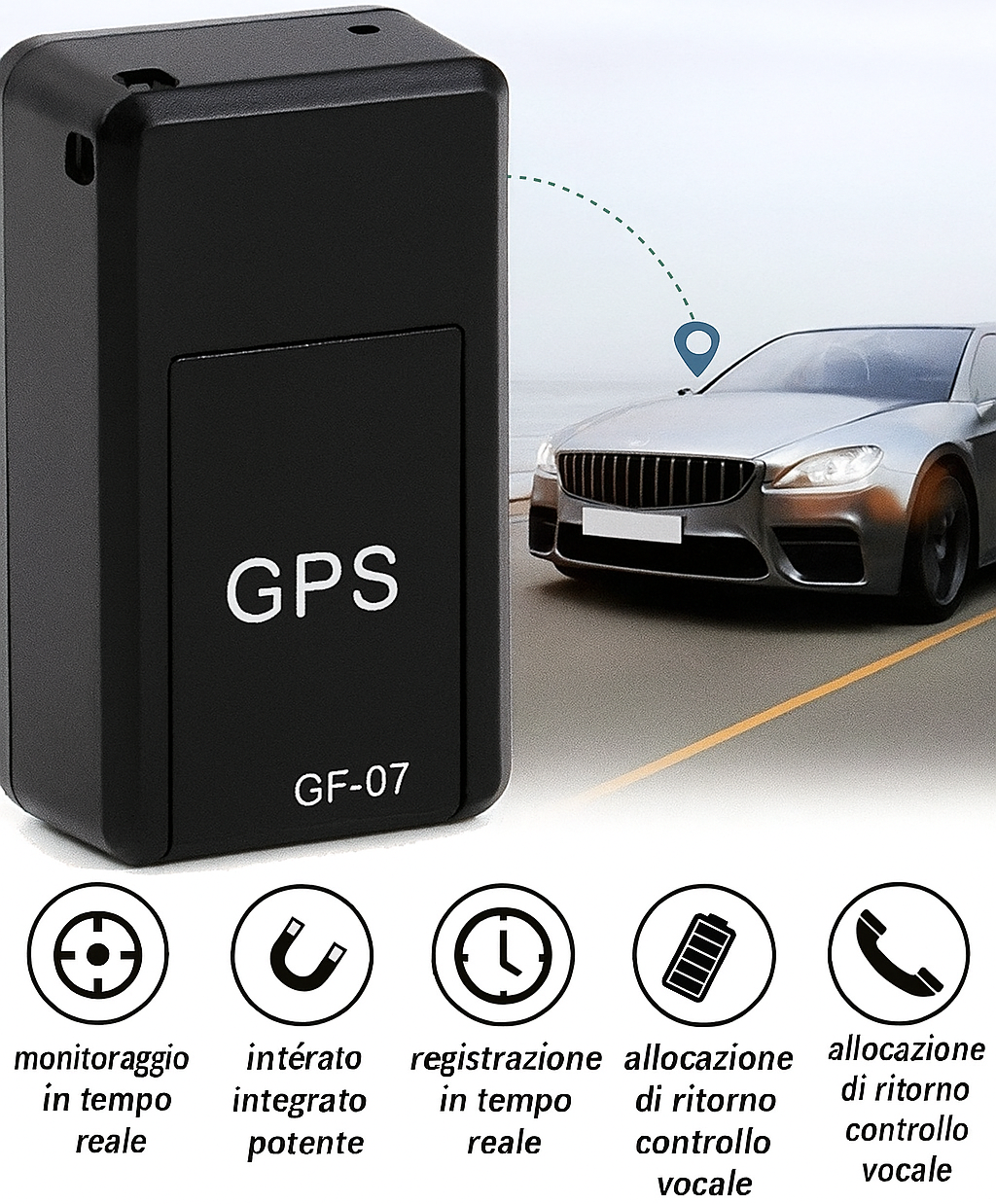 "Localizzatore GPS magnetico nero compatto per veicoli, resistente, con copertura globale e facile installazione."
