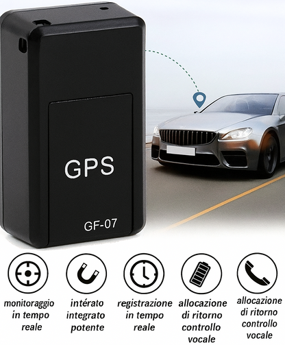 "Localizzatore GPS magnetico nero compatto per veicoli, resistente, con copertura globale e facile installazione."