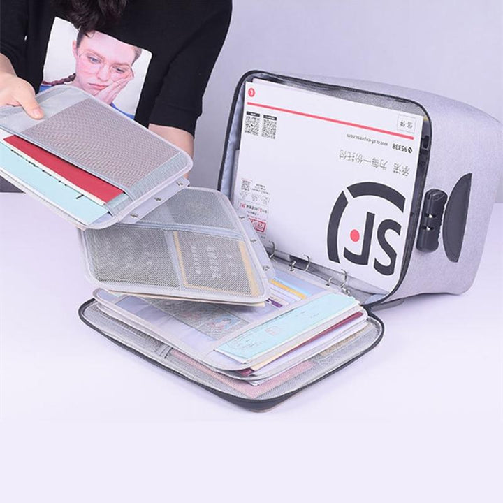 Durable waterproof storage case with lock for valuable documents; perfect multi-layer organiser for travel or home office.