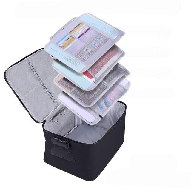 Waterproof lockable organizer for important papers, providing secure multi-layer document storage for travel and valuables.