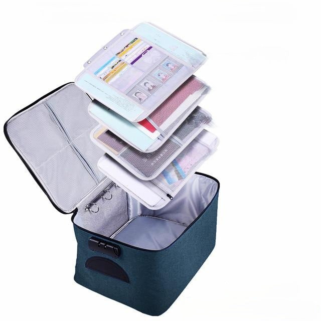 Front view of a robust lockable waterproof document storage case with handle, ready for secure travel.