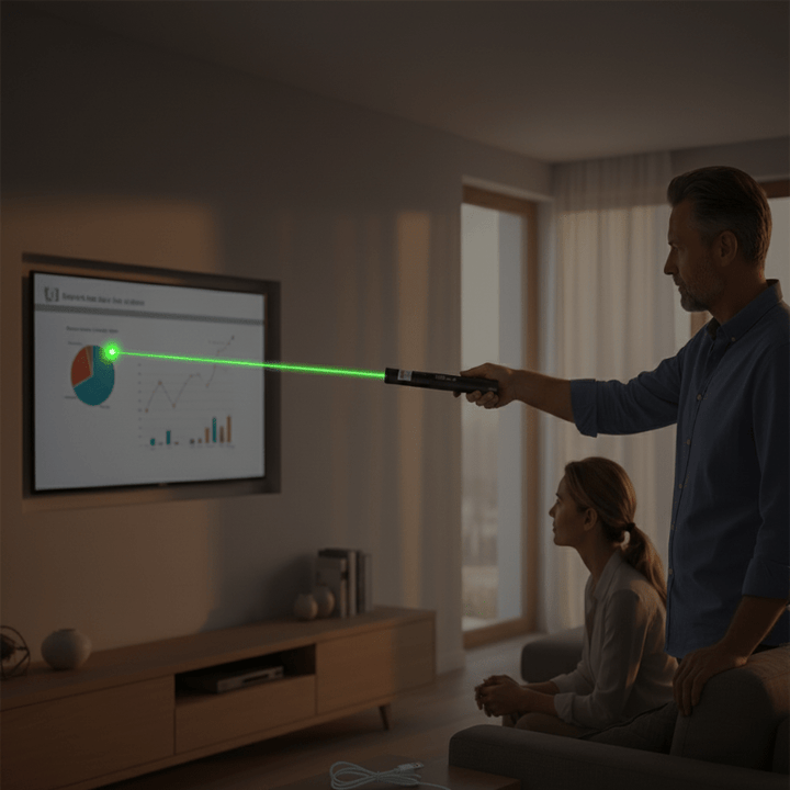 Long-range laser pointer with adjustable focus, ideal for presentations, outdoor use & stargazing. Rechargeable.
