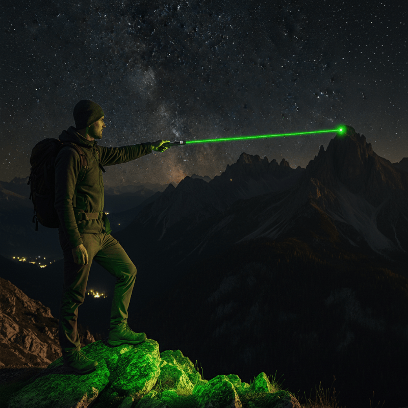 Green laser pointer with safety lock & adjustable focus. Long-range, rechargeable, perfect for outdoor activities.